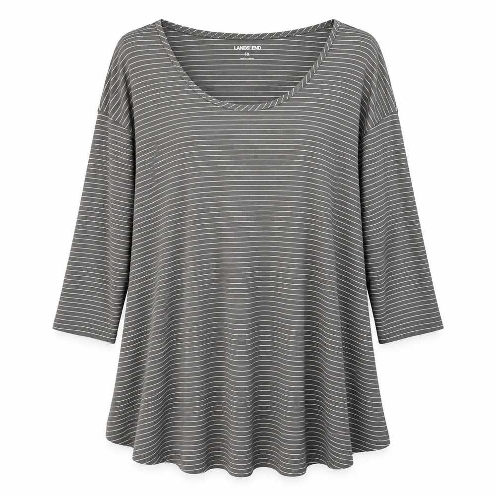 Lands End Striped Tunic Top Womens 1X Grey 3/4 Sleeve Scoop Neck Excellent
